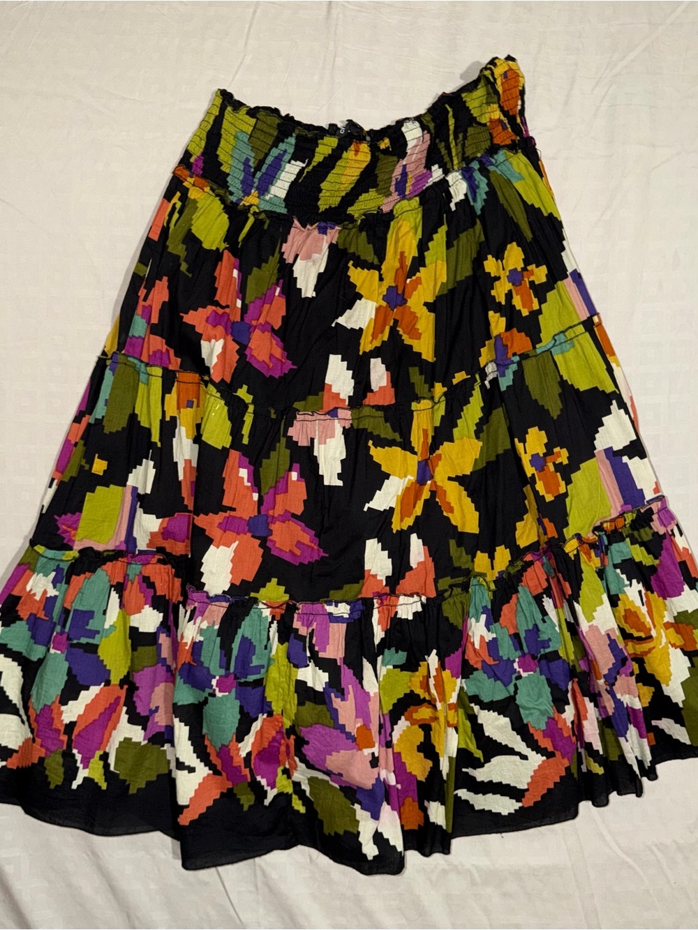 Chaudry KC Boho  Midi Skirt Abstract Floral Smocked Waist Festival Lagenlook M